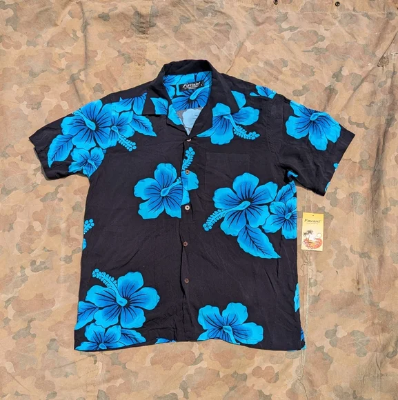 NWT Favant Rayon Hawaiian Hibiscus Button Up Shirt Never Worn Black Blu Sz L - Picture 1 of 11